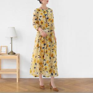 Sunflowers Prints Tied Waist Dress Ramie Yellow Travel Dress