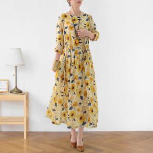 Sunflowers Prints Tied Waist Dress Ramie Yellow Travel Dress