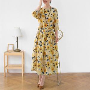 Sunflowers Prints Tied Waist Dress Ramie Yellow Travel Dress