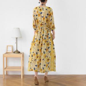 Sunflowers Prints Tied Waist Dress Ramie Yellow Travel Dress