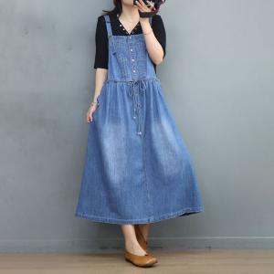 Front Belted Denim Jumper Dress Stone Wash Overall Dress