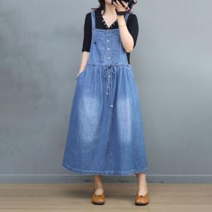 Front Belted Denim Jumper Dress Stone Wash Overall Dress