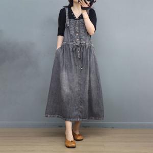 Front Belted Denim Jumper Dress Stone Wash Overall Dress