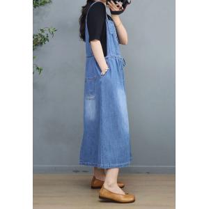 Front Belted Denim Jumper Dress Stone Wash Overall Dress