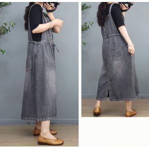 Front Belted Denim Jumper Dress Stone Wash Overall Dress