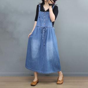 Front Belted Denim Jumper Dress Stone Wash Overall Dress