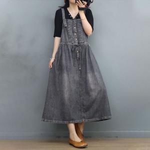 Front Belted Denim Jumper Dress Stone Wash Overall Dress