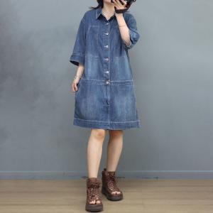 Relax-Fit Snap Front Dresses Denim Knee Length Dress