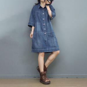 Relax-Fit Snap Front Dresses Denim Knee Length Dress