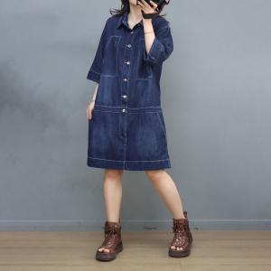 Relax-Fit Snap Front Dresses Denim Knee Length Dress