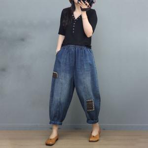 Ethnic Patchwork Loose Mom Jeans Ladies Summer Jeans