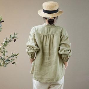 Chest Pocket Long Sleeves Casual Shirt Light Green Linen Blouse