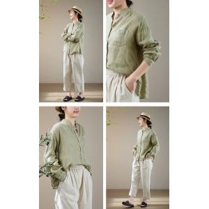 Chest Pocket Long Sleeves Casual Shirt Light Green Linen Blouse