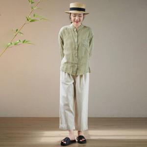 Chest Pocket Long Sleeves Casual Shirt Light Green Linen Blouse