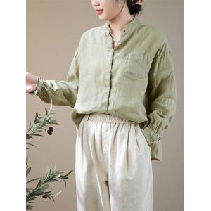 Chest Pocket Long Sleeves Casual Shirt Light Green Linen Blouse