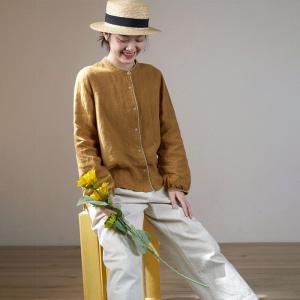 Loose-Fit Mustard Linen Jacket Long Sleeves Flax Shirt