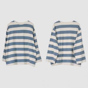 Blue Chunky Striped T-shirt Casual Cotton T-shirt for Women