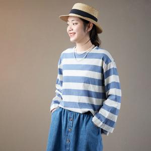 Blue Chunky Striped T-shirt Casual Cotton T-shirt for Women