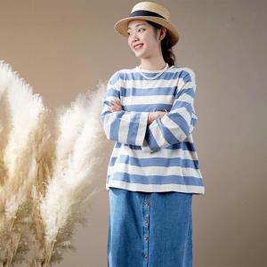 Blue Chunky Striped T-shirt Casual Cotton T-shirt for Women