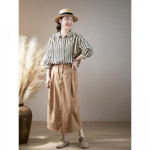 Vertical Striped Oversized Shirt Puff Sleeves Cotton Blouse