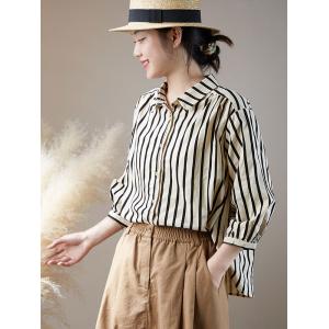 Vertical Striped Oversized Shirt Puff Sleeves Cotton Blouse