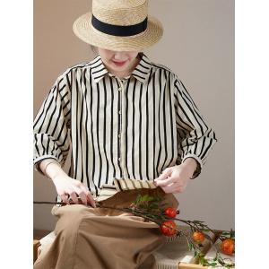 Vertical Striped Oversized Shirt Puff Sleeves Cotton Blouse