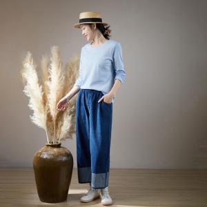 Blue Contrast Straight Leg Jeans Baggy Cotton Ankle Jeans