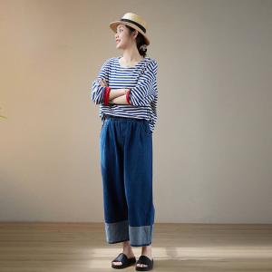 Blue Contrast Straight Leg Jeans Baggy Cotton Ankle Jeans