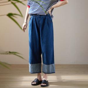 Blue Contrast Straight Leg Jeans Baggy Cotton Ankle Jeans