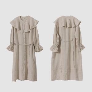 Flouncing Collar Belted Linen Dress Resort Prairie Dress