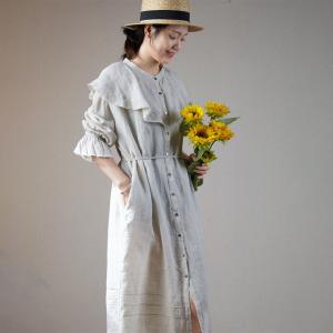 Flouncing Collar Belted Linen Dress Resort Designer Dress