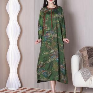 Modern Forest Green Mountain Painting Loose Silk Qipao