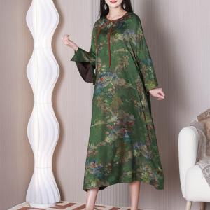 Modern Forest Green Mountain Painting Loose Silk Qipao