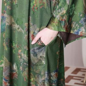 Modern Forest Green Mountain Painting Loose Silk Qipao