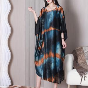 Crochet Lace Colorful Caftan Crew Neck Midi Silk Dress