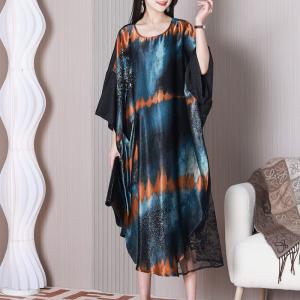 Crochet Lace Colorful Caftan Crew Neck Midi Silk Dress