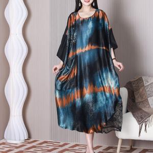 Crochet Lace Colorful Caftan Crew Neck Midi Silk Dress