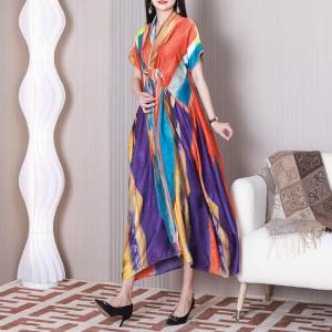Short Sleeves Colorful Front Knot Dress Summer Maxi Swing Dress