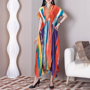 Short Sleeves Colorful Front Knot Dress Summer Maxi Swing Dress