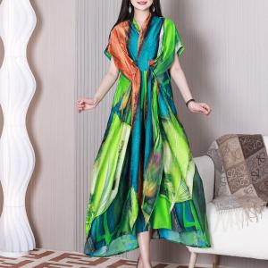 Short Sleeves Colorful Front Knot Dress Summer Maxi Swing Dress