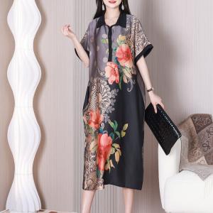 Polo Neck Silk Short Sleeves Dress Flowers Elegant Shirt Dress