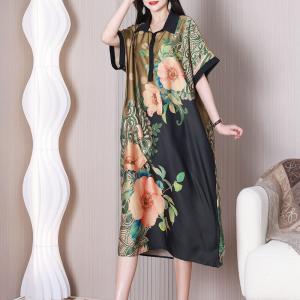 Polo Neck Silk Short Sleeves Dress Flowers Elegant Shirt Dress