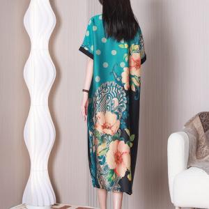 Polo Neck Silk Short Sleeves Dress Flowers Elegant Shirt Dress