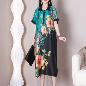 Polo Neck Silk Short Sleeves Dress Flowers Elegant Shirt Dress