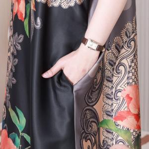 Polo Neck Silk Short Sleeves Dress Flowers Elegant Shirt Dress