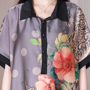 Polo Neck Silk Short Sleeves Dress Flowers Elegant Shirt Dress