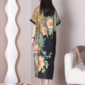 Polo Neck Silk Short Sleeves Dress Flowers Elegant Shirt Dress