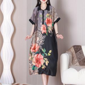 Polo Neck Silk Short Sleeves Dress Flowers Elegant Shirt Dress