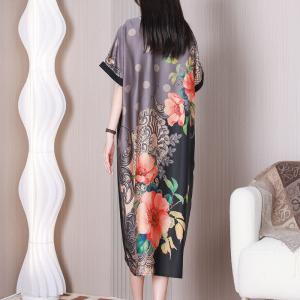 Polo Neck Silk Short Sleeves Dress Flowers Elegant Shirt Dress