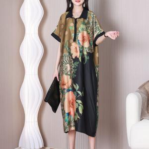 Polo Neck Silk Short Sleeves Dress Flowers Elegant Shirt Dress